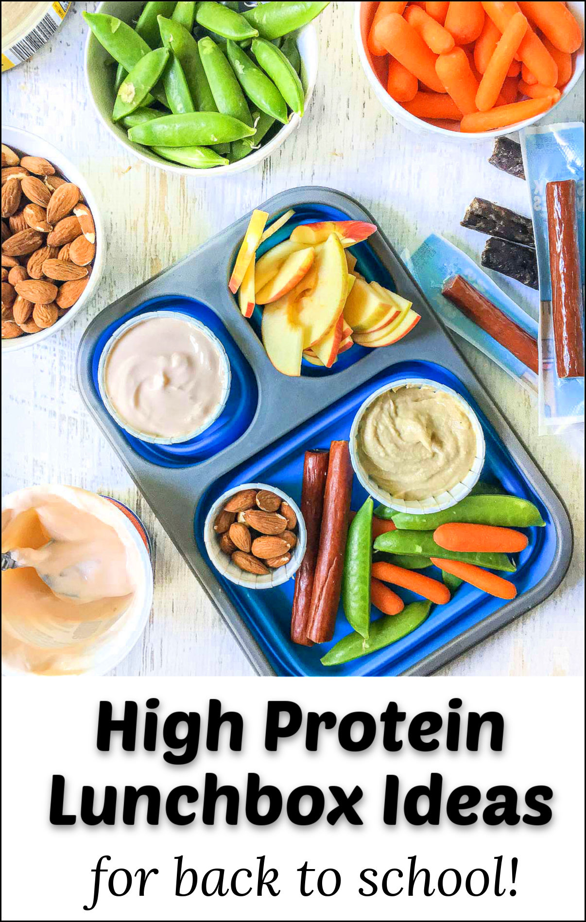 blue lunchbox with healthy foods for kids and text