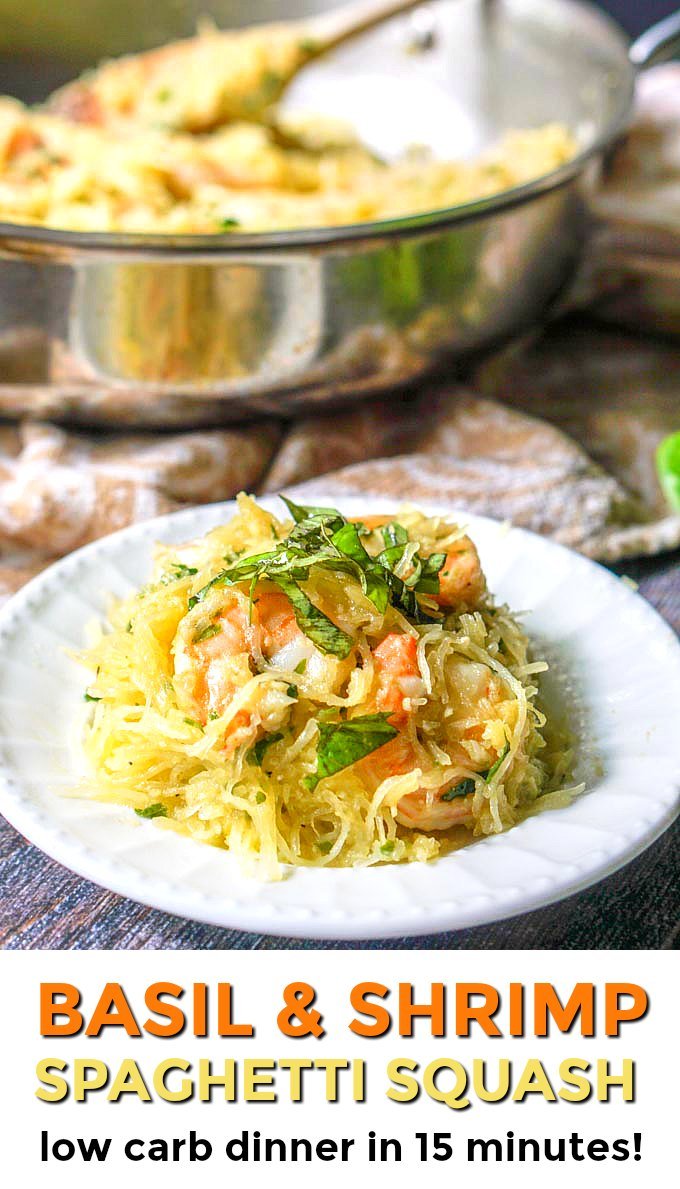 white plate with low carb shrimp spaghetti squash with pan in background and text overlay