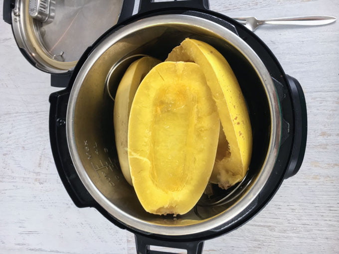 cooked spaghetti squash halves in an instant pot