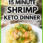 White plate with a plate of keto shrimp spaghetti squash and basil with text overlay.