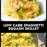 White plate with a plate of keto shrimp spaghetti squash and basil with text overlay.