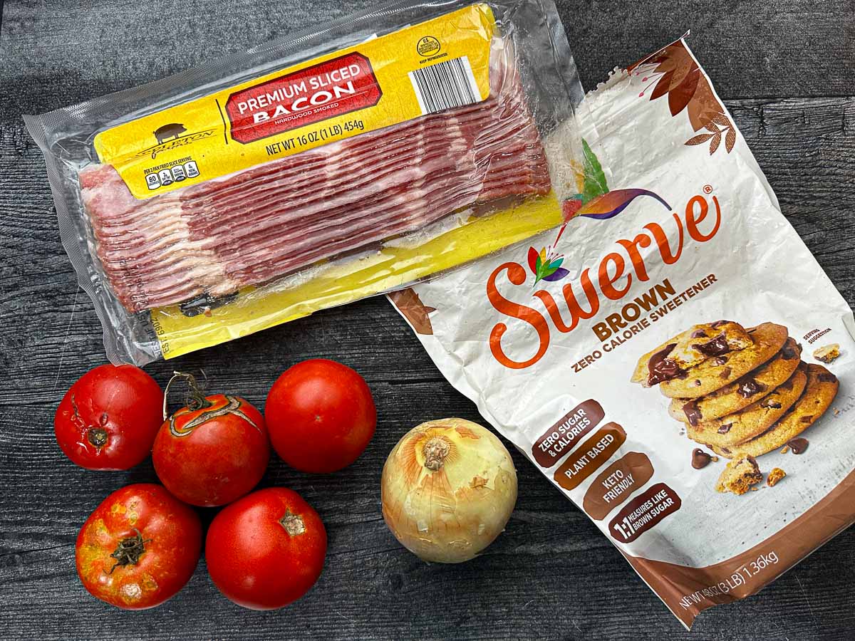 Recipe ingredients I used were bacon, Swerve brown sweetener, fresh tomatoes and onions.