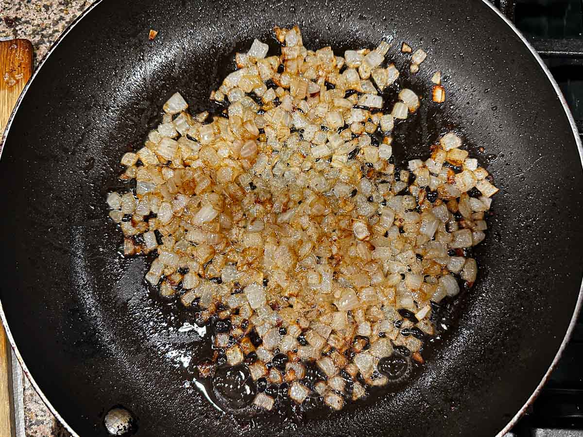 Skillet with caramelized onions.