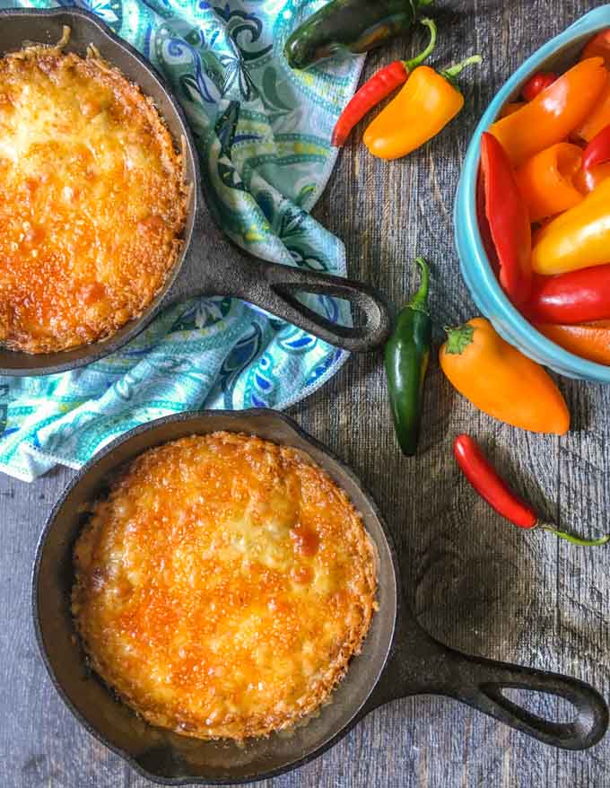 This low carb cheesy chorizo dip has a layer of spicy chorizo on the bottom and then is topped with 4 different cheese to make for a delicious low carb dip. A serving size of ¼ of the recipe has only 5.1g net carbs. Eat with peppers or other raw veggies.