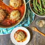 skillet with low carb stuffed pizza burgers and text