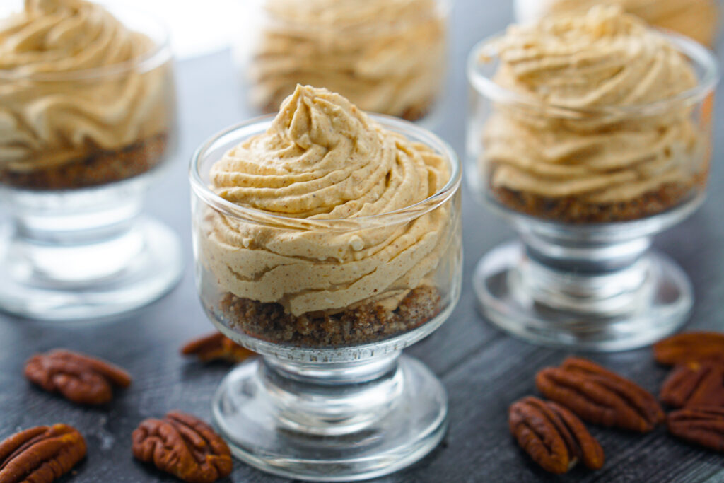 3.5 oz glass dessert cups with the pumpkin cheesecake