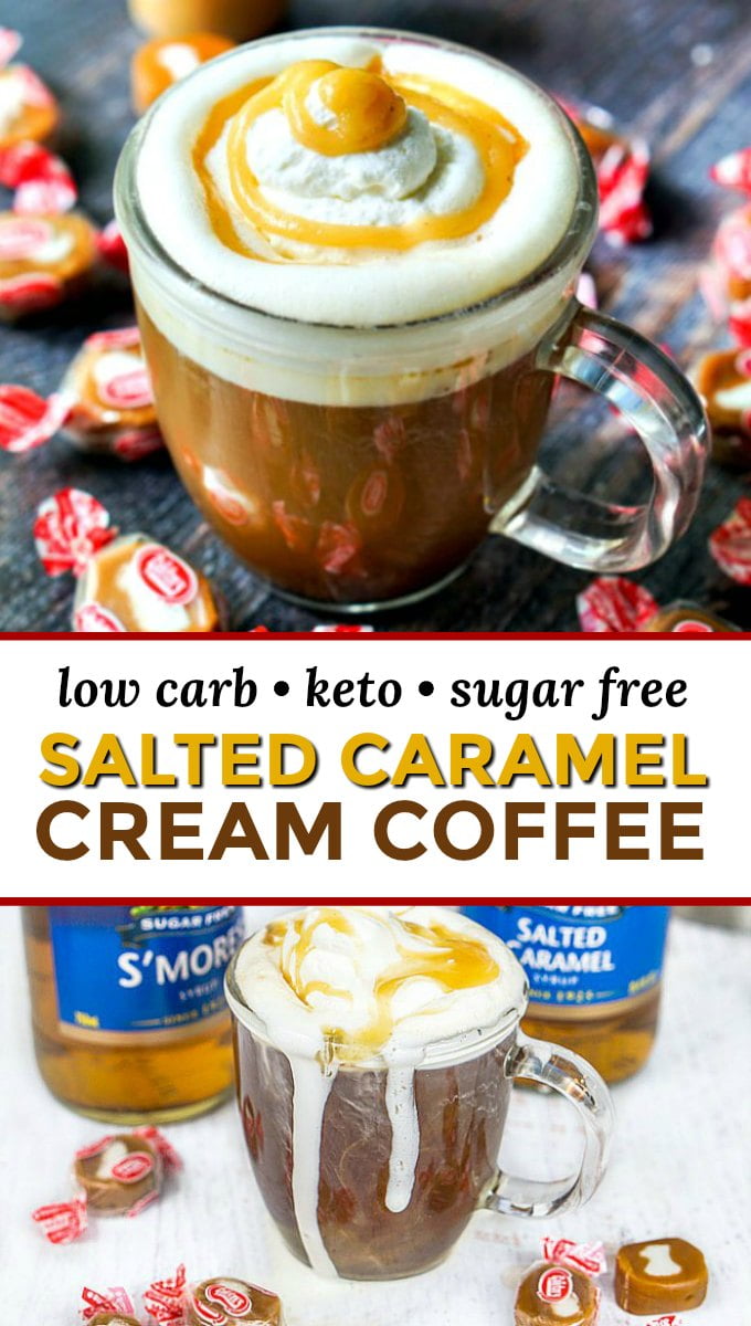 photos of salted caramel cream coffee drinks with text overlay and caramel cream candies scattered