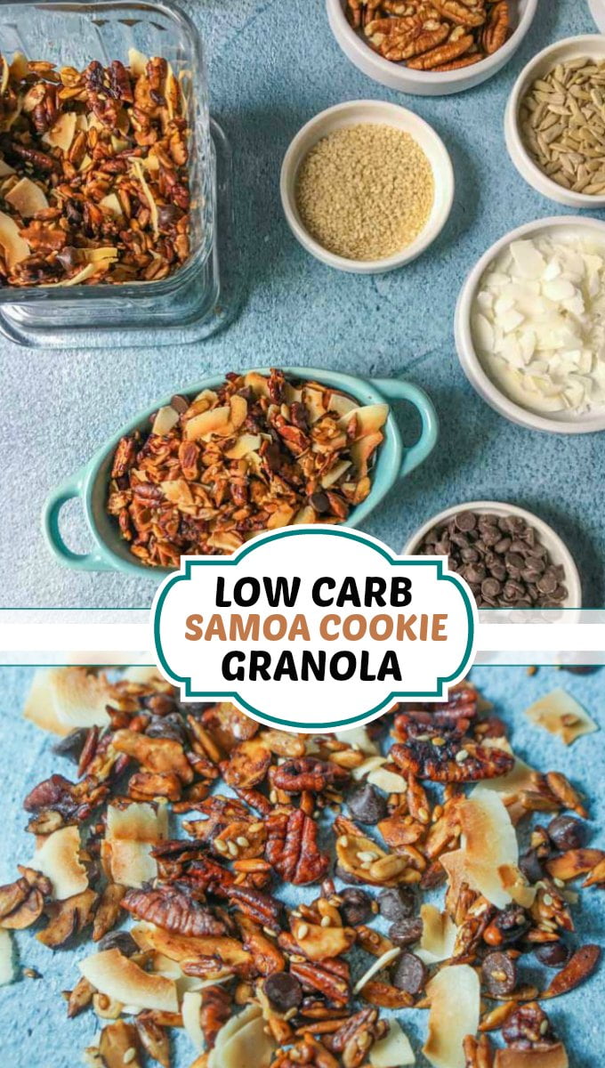blue bowl with keto granola and text overlay