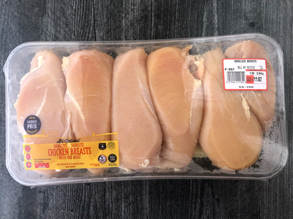large package of raw chicken breasts from Aldi