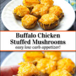 plate with buffalo chicken stuffed mushrooms and text