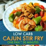 This low carb cajun stir fry dinner is full of flavorful ingredients like chicken, shrimp and sausage. You can make this one pan dinner in under 30 minutes and there is just 5.1g net carbs per serving!