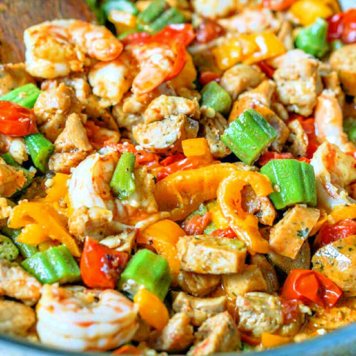 Closeup of a skillet with jambalaya stir fry.