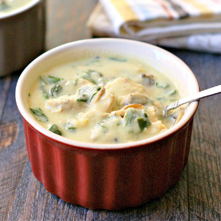 closeup of a red ramekin with creamy chicken spinach soup