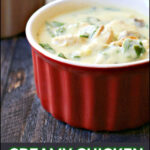 closeup of a red ramekin with creamy chicken spinach soup with text