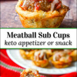 dish with a bunch of low carb meatball appetizers and text