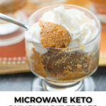 a spoonful of keto pumpkin microwave treat and text