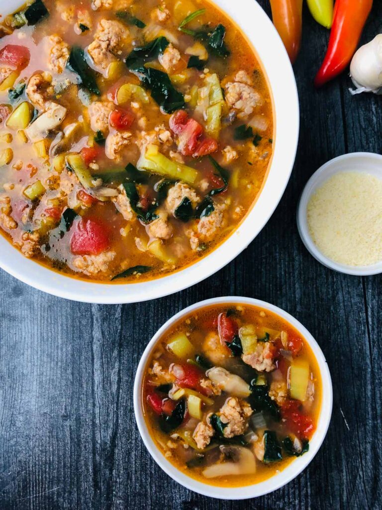 Easy Sausage and Peppers Soup stuffed banana peppers in a keto soup!