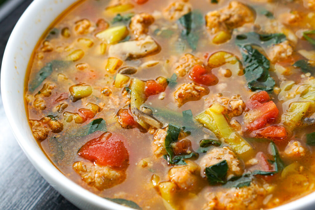 Easy Sausage and Peppers Soup stuffed banana peppers in a keto soup!