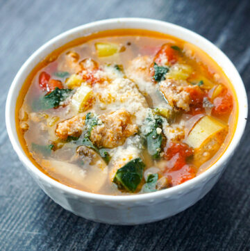 white bowl with keto sausage and peppers soup