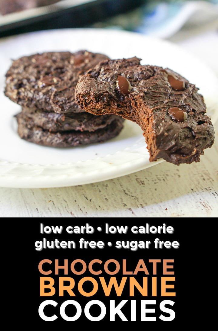 white plate with 4 chocolate keto brownie cookies and text overlay