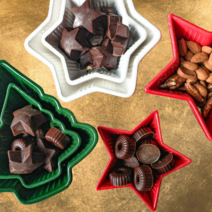 Christmas candy dishes holding keto chocolates