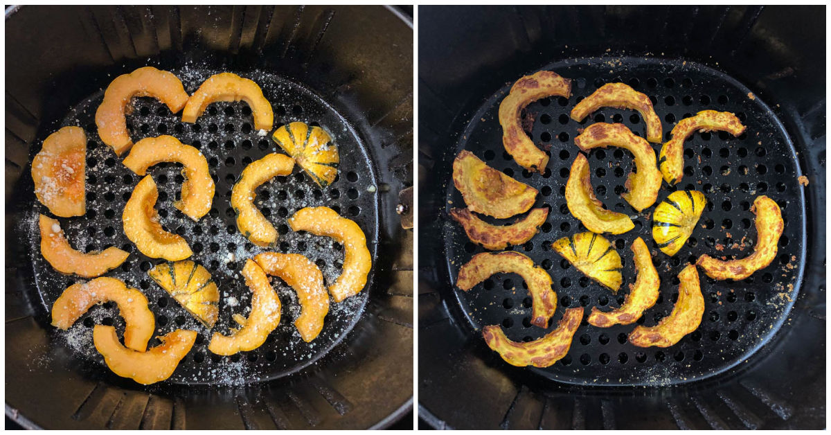 air fryer basket collage before and after baking