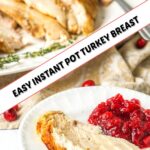white platter with sliced turkey and a large fork and thyme sprigs with text overlay