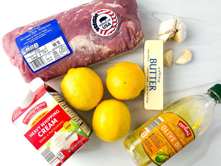 ingredients for this recipe: raw pork tenderloin, butter, lemons, garlic cloves, heavy cream and olive oil