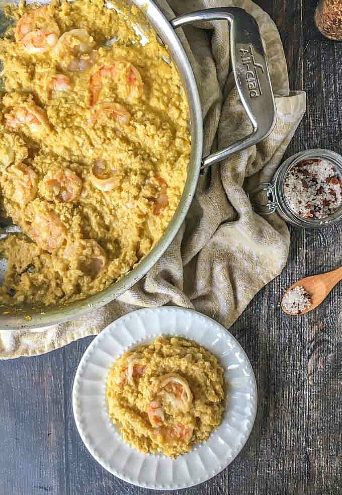 This low carb pumpkin risotto with shrimp and cauliflower is a breeze to make in less than 20 minutes! As a low carb dinner or lunch it is rich, creamy and full of flavor. One serving is only 4.8g net carbs!