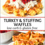 two plates with waffles - 1 with turkey and cranberry the other with just cranberry sauce and text