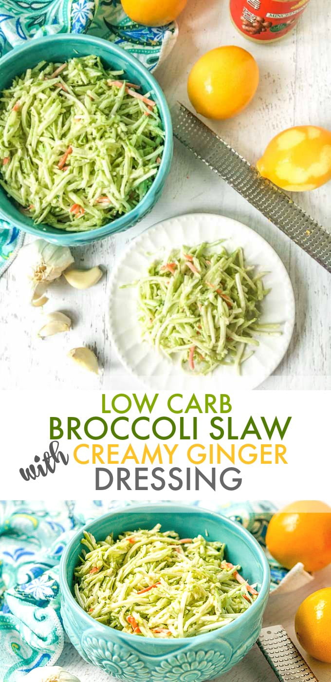 This low carb broccoli slaw is dressing a delicious creamy ginger dressing with lemon and garlic. It's a fresh and easy low carb salad that you can put together in 5 minutes and only has 4.3g net carbs!
