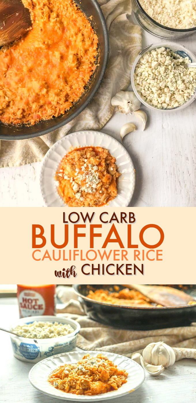This low carb buffalo cauliflower rice with chicken dish is a very easy and delicious one pot dinner that you can make in just 15 minutes. This is the perfect quick and easy low carb dinner or lunch and each serving has only 3.7g net carbs!