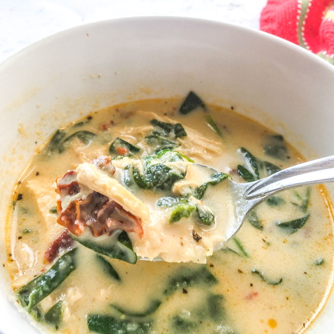 This creamy sun dried tomato chicken soup is so rich and delicious. If you are looking for a very satisfying low carb or keto soup, you've got to try this one. Each serving is only 6.6g net carbs!