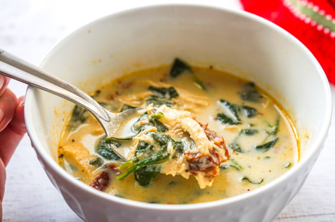 This creamy sun dried tomato chicken soup is so rich and delicious. If you are looking for a very satisfying low carb or keto soup, you've got to try this one. Each serving is only 6.6g net carbs!