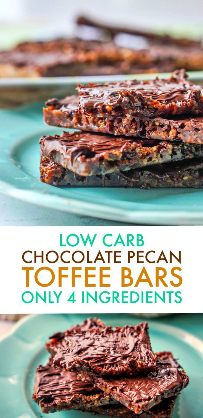These low carb chocolate pecan toffee bars are simple to make and only require 4 ingredients! Each bar is only 4.3g net carbs!
