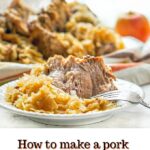 platter and plate with pork roast and sauerkraut made in the Instant pot and text