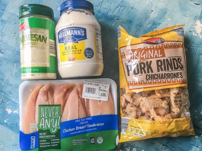 ingredients to make pork rinds breading: pork rinds, mayo, chicken, parmesan