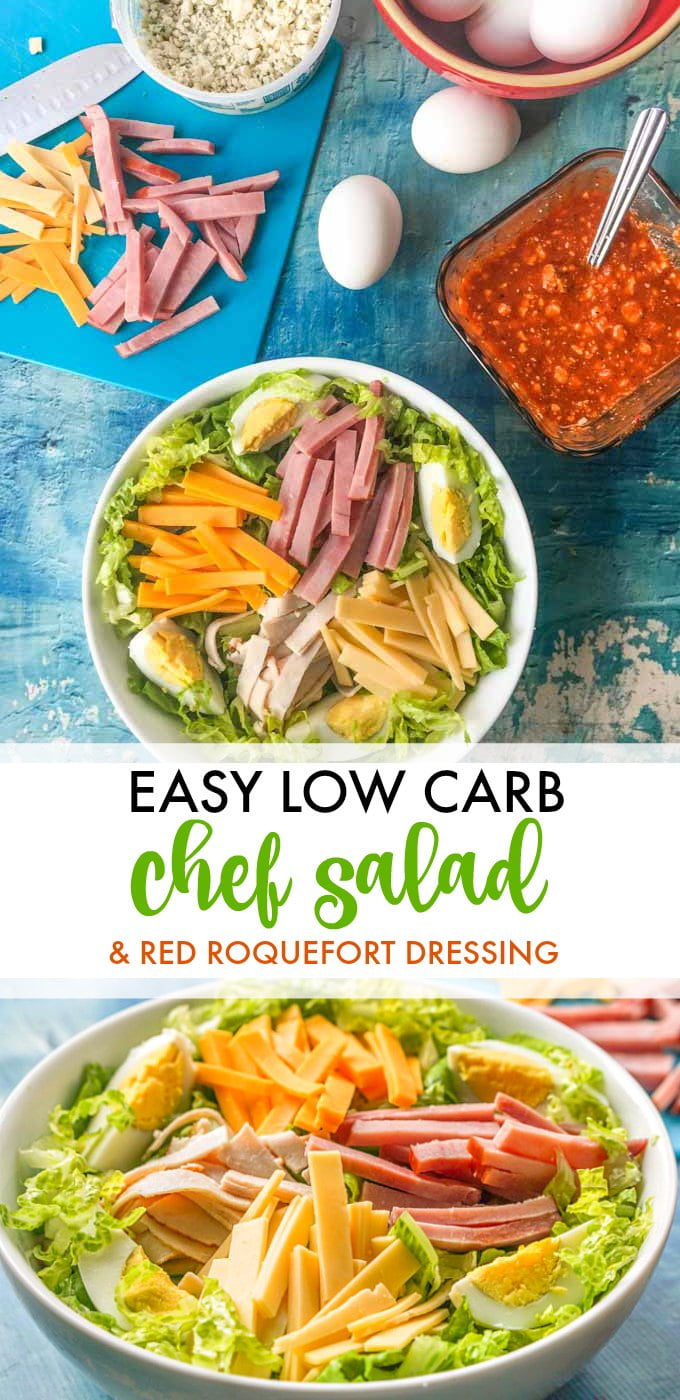 Low carb chef salad with red roquefort dressing.