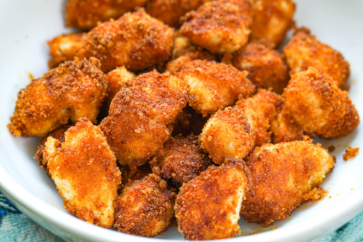 closeup of  low carb gluten free chicken nuggets