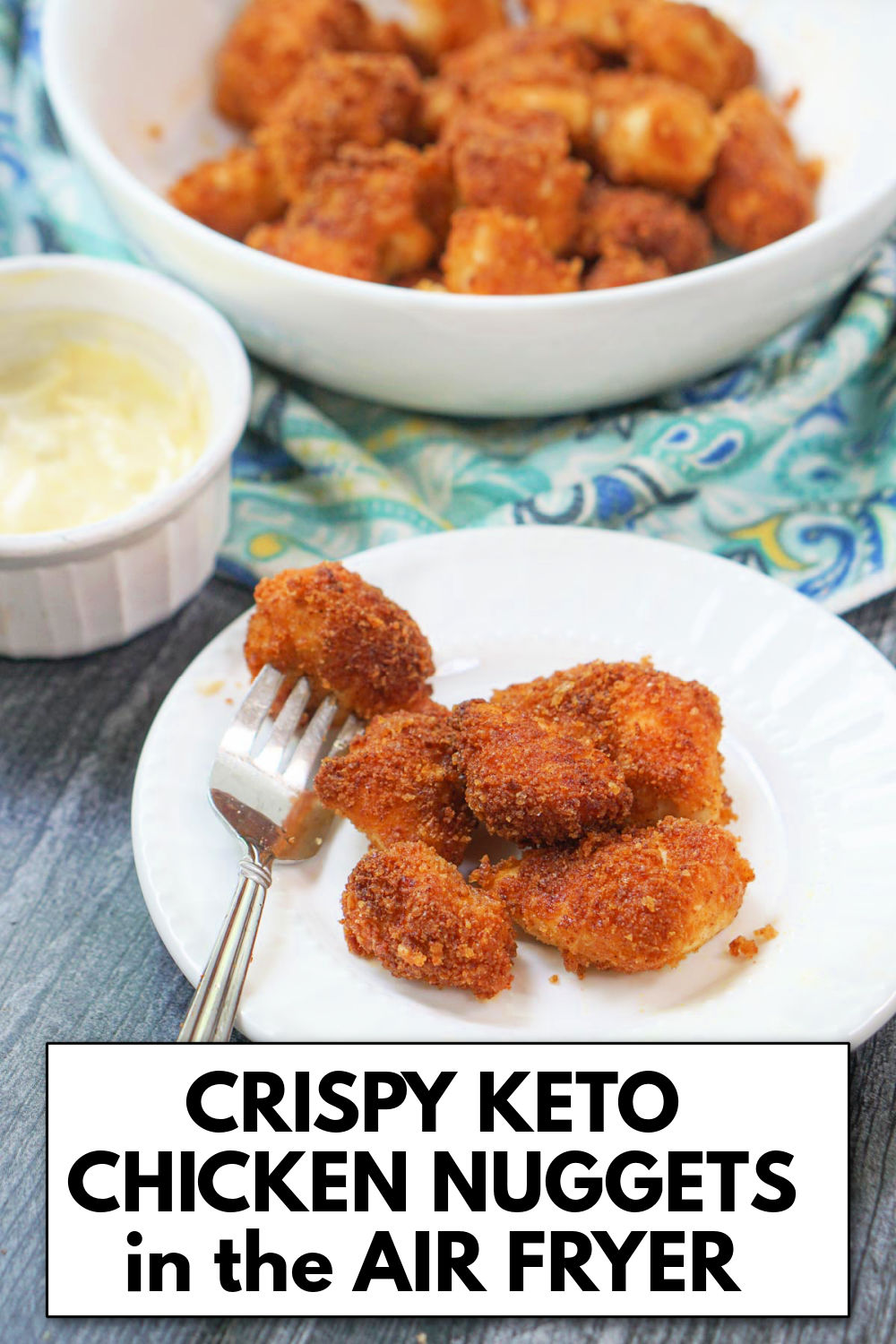 white plates with keto air fryer chicken nuggets and text