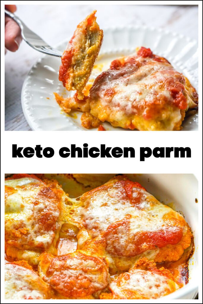 white plate and baking dish with keto chicken parmesan with text