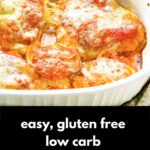 baking dish with keto chicken parmesan with text