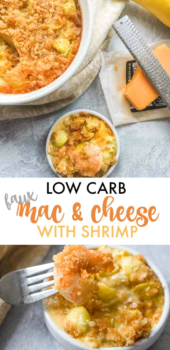 Long photo with casserole of low carb Mac and cheese with text overlay.