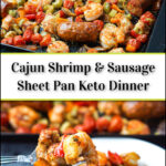 a sheet pan and forkful of cajun shrimp and sausage with text