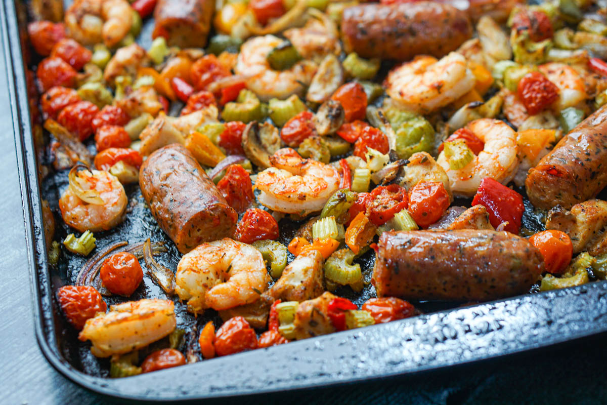 baking sheet with cooked cajun dinner