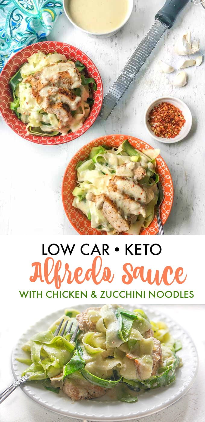 Long photo of bowls of zucchini noodles with keto alfredo sauce with text overlay.