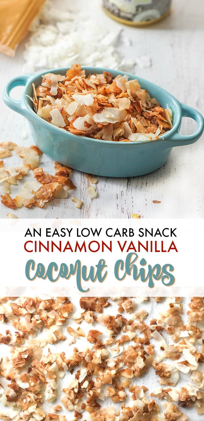 A long photo of coconut chips spread out and a blue bowl with text overlay.
