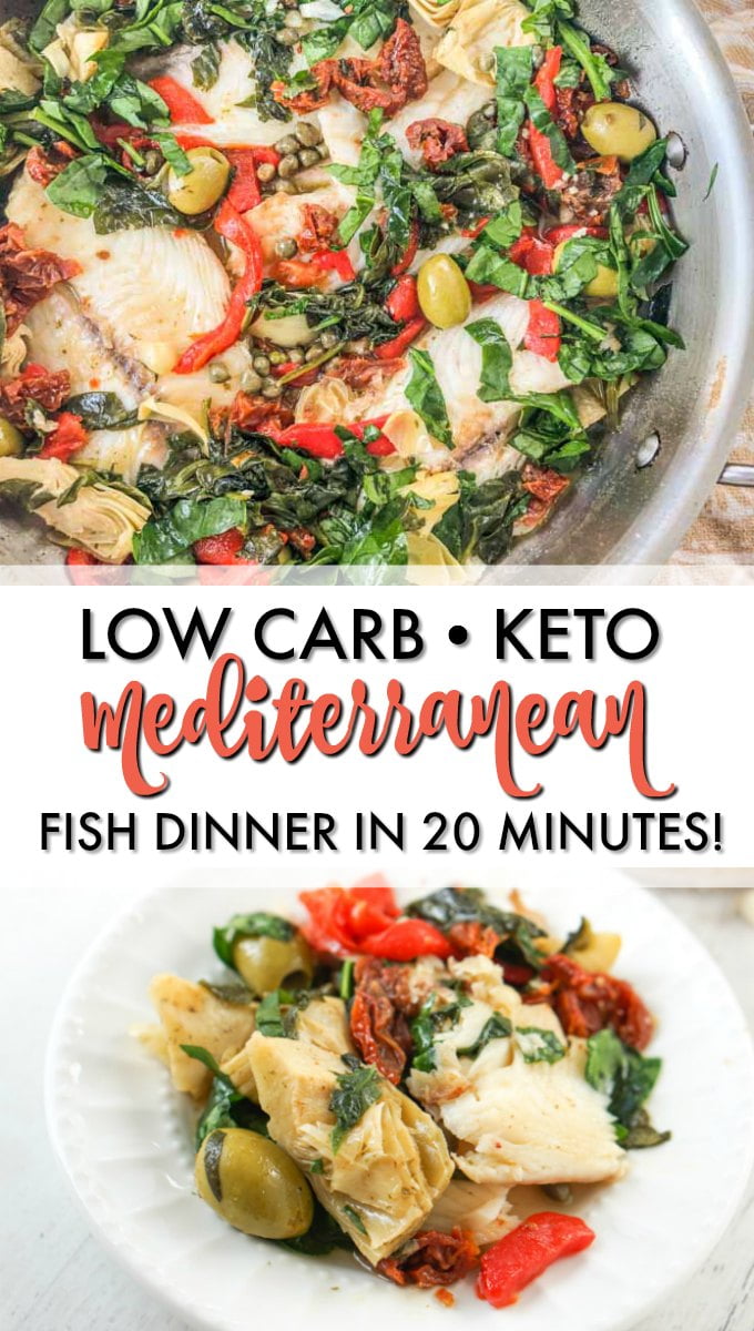 pan and white dish with low carb Mediterranean fish dinner and text overlay