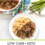 Long photo of spiced Instant Pot pot roast in white bowl and a white plate with lext overlay.