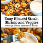 White platter with hibachi steak and shrimp with veggies and dipping sauces and text overlay.